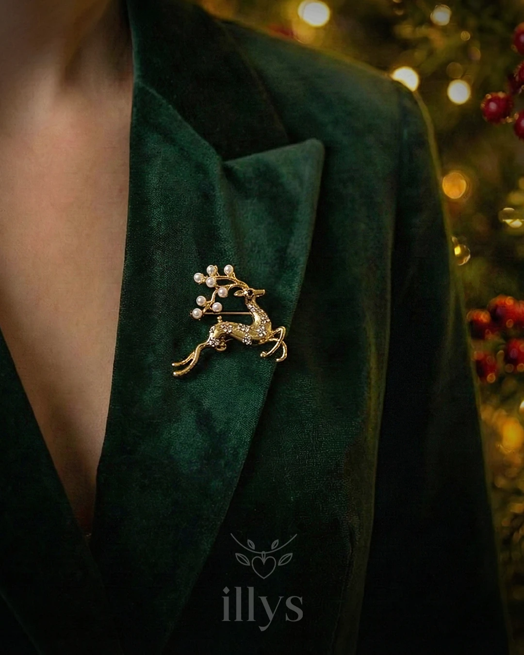 illys Gold İnci Detaylı Geyik Yılbaşı Broşu