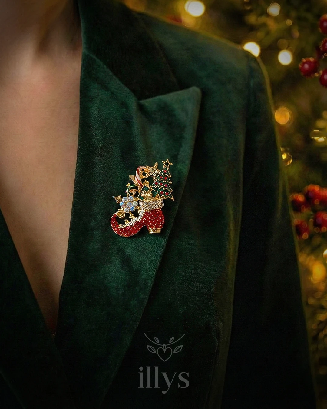 illys Kırmızı Zirkon Taş Detaylı Çarık Yılbaşı Broşu