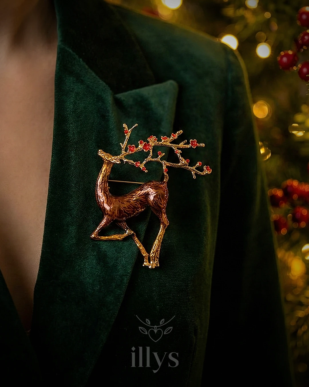 illys Bakır Renk Geyikli Yılbaşı Broşu