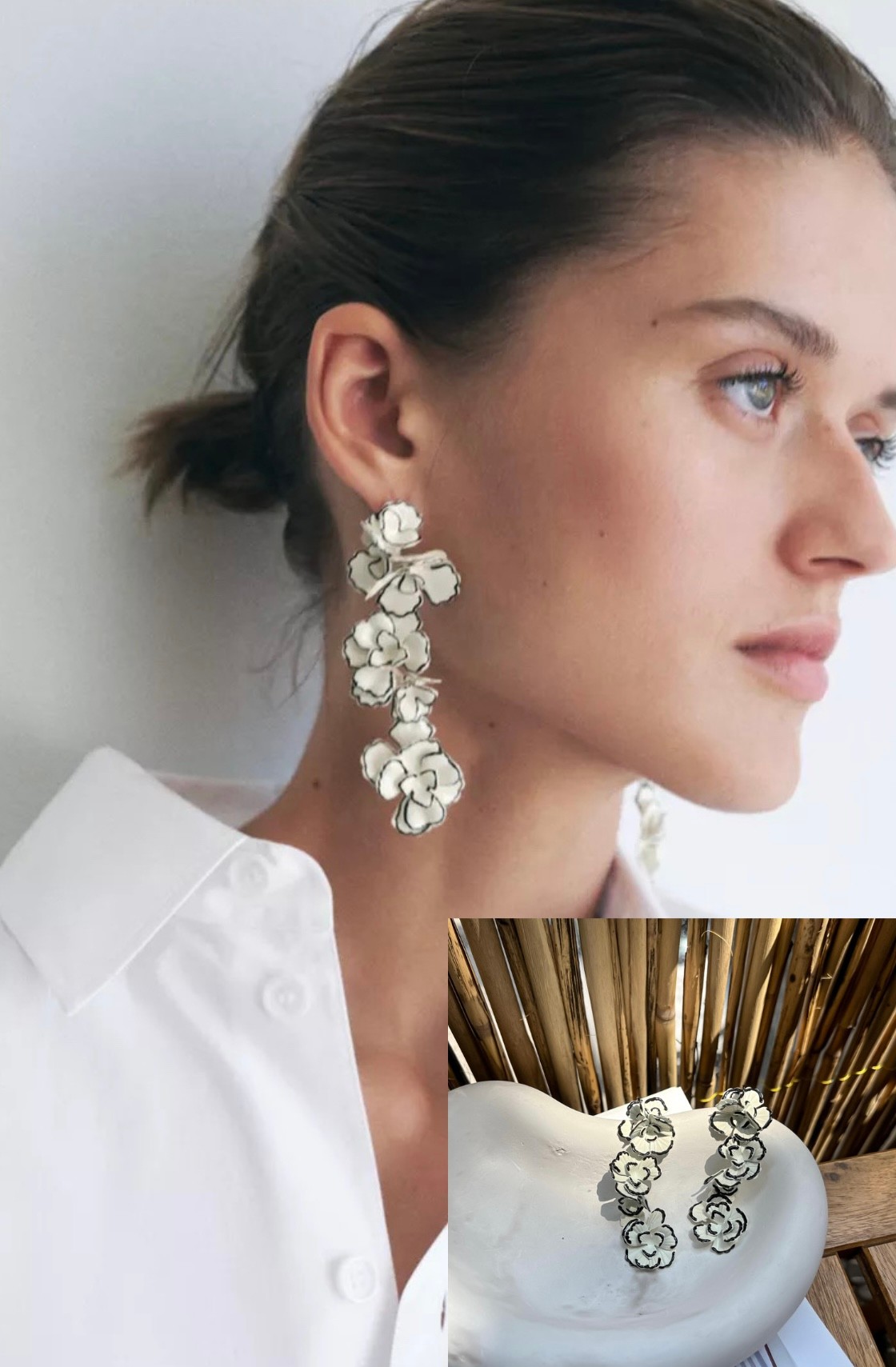 illys ZRA Model Beyaz Üzeri Siyah Detay Üçlü Çiçekli Sallantılı Küpe