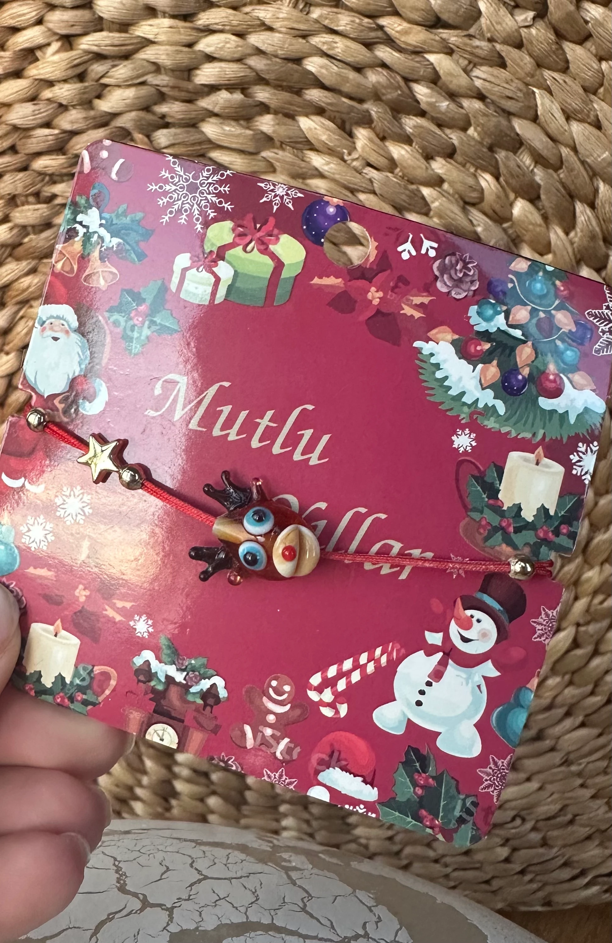 illys Kahverengi Cam Geyik Figür Kırmızı İp Yılbaşı Bilekliği