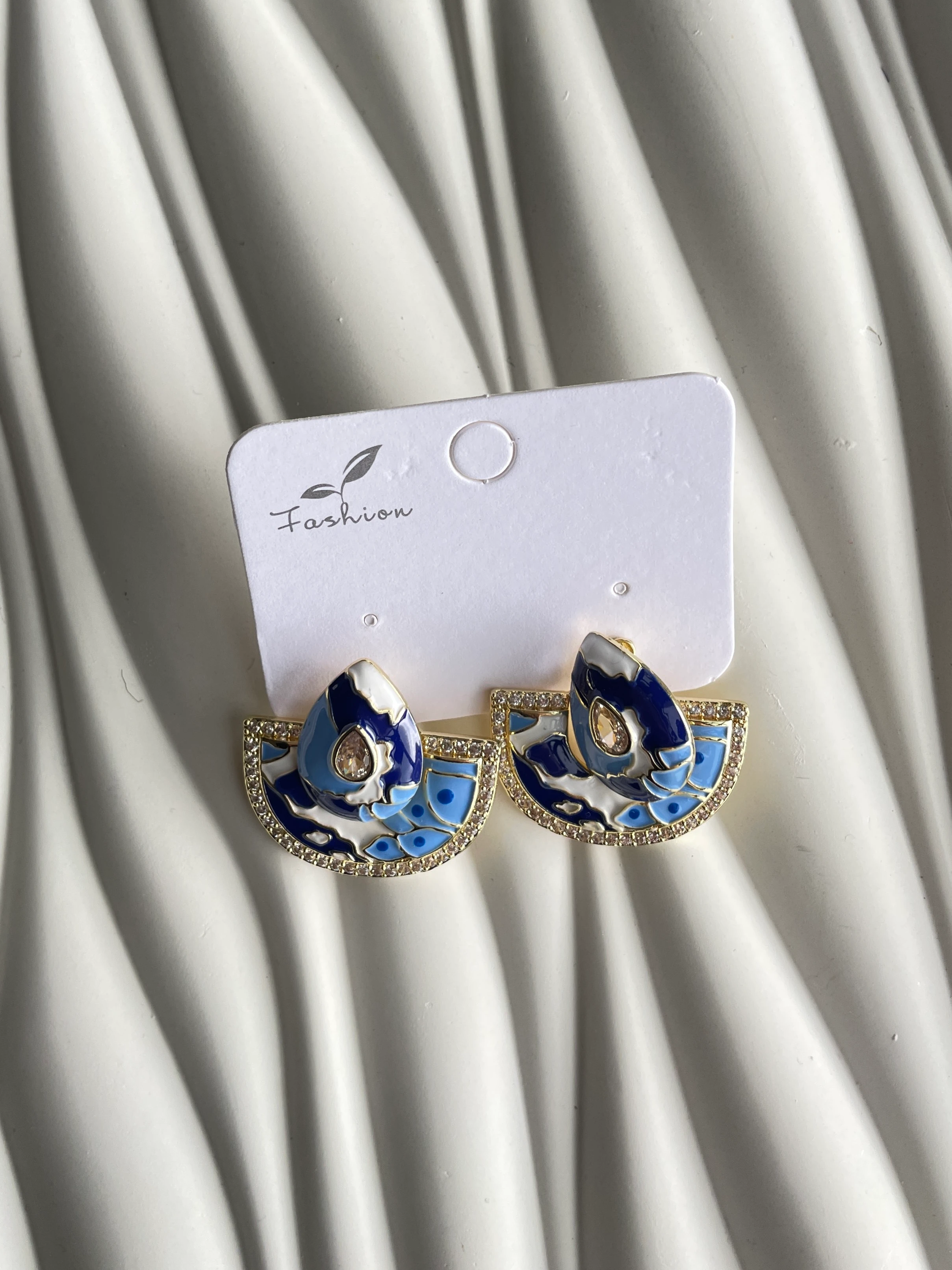 illys Mavi Lacivert Mineli Yelpaze Model Özel Tasarım Küpe