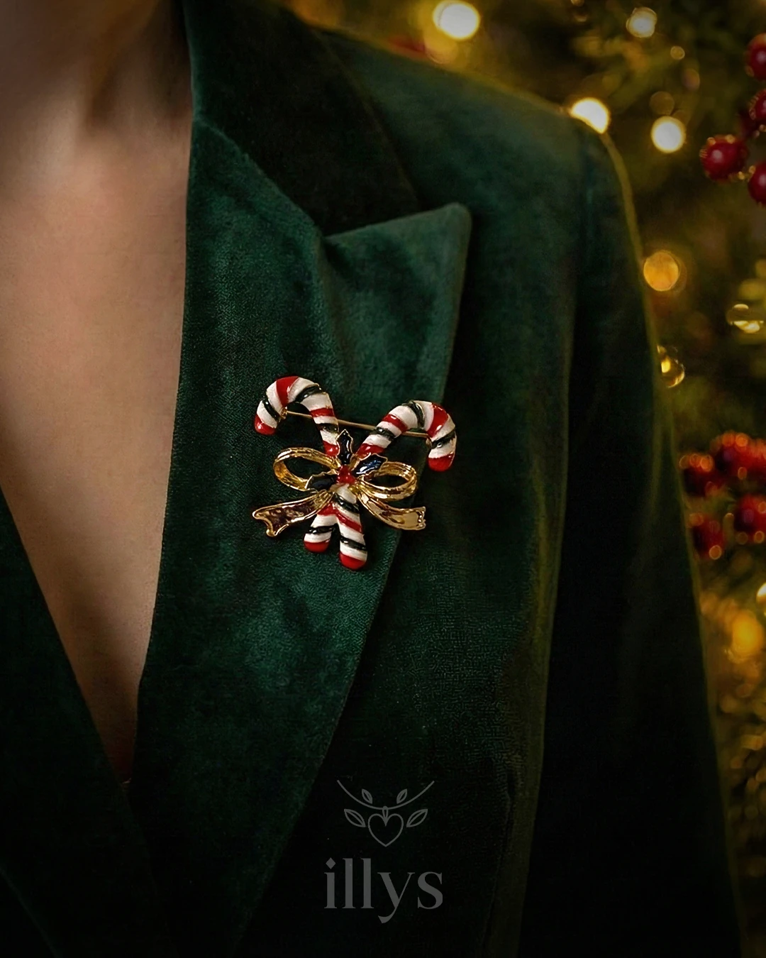 illys Kırmızı Yeşil Çizgili Baston Yılbaşı Broşu