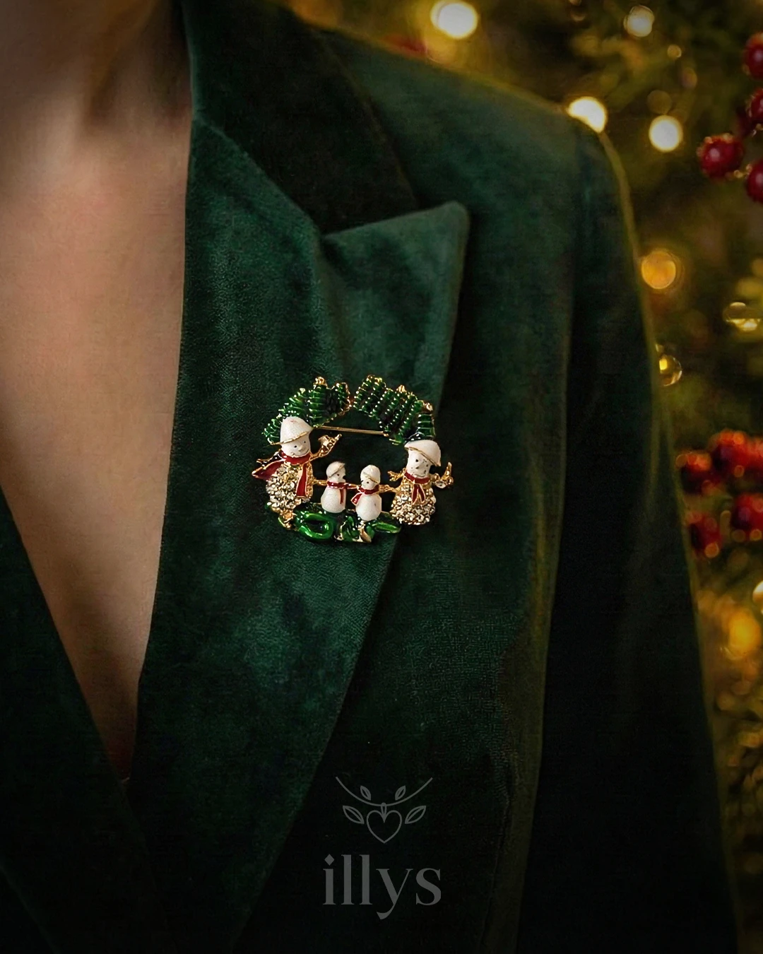 illys Yeşil Zirkon Taş Detaylı Beyaz Kardan Adam Ailesi Yılbaşı Broşu