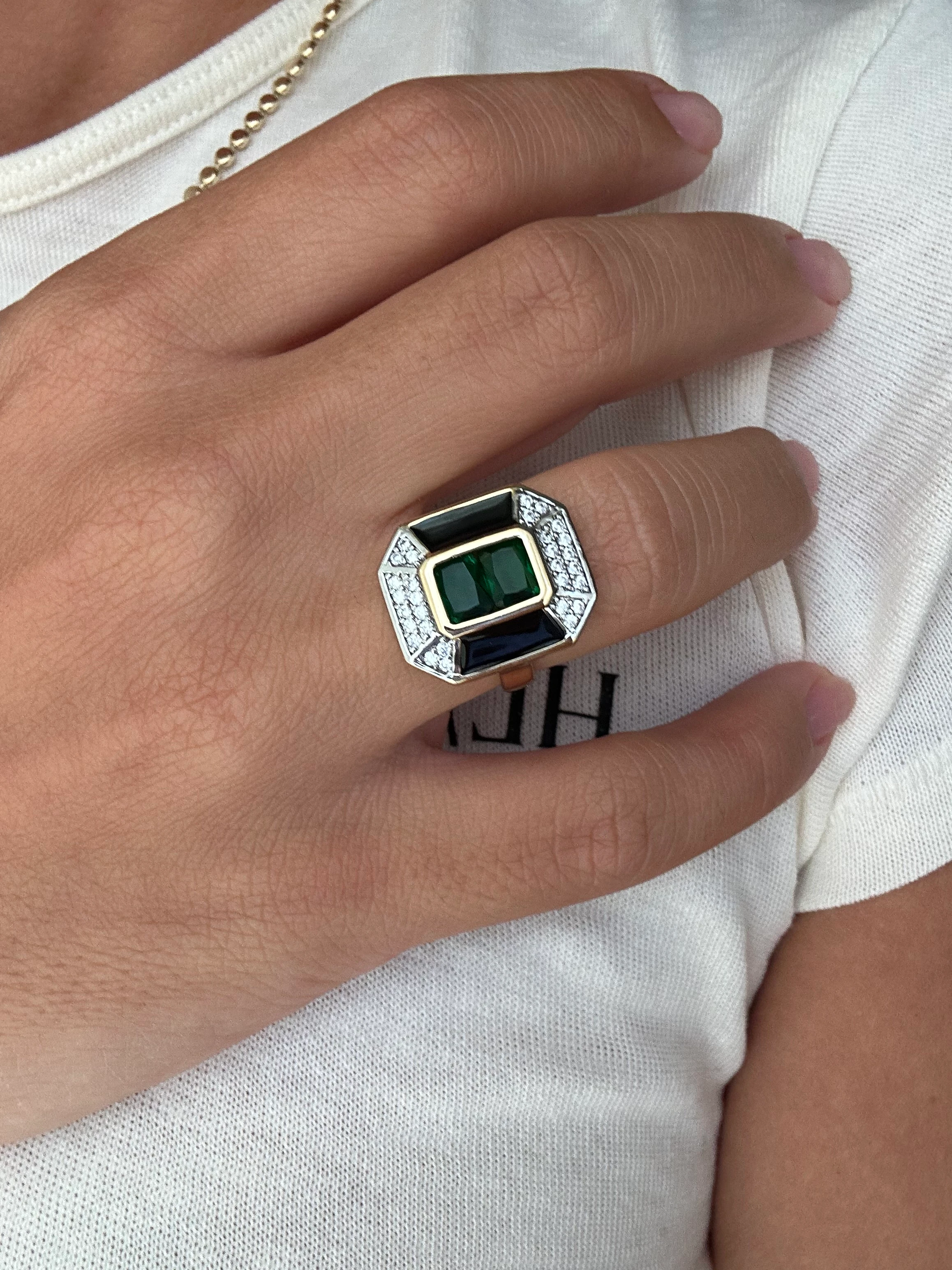 illys Gold Yeşil Baget Taş Detaylı Dikdörtgen Form Büyük Ayarlanabilir Yüzük