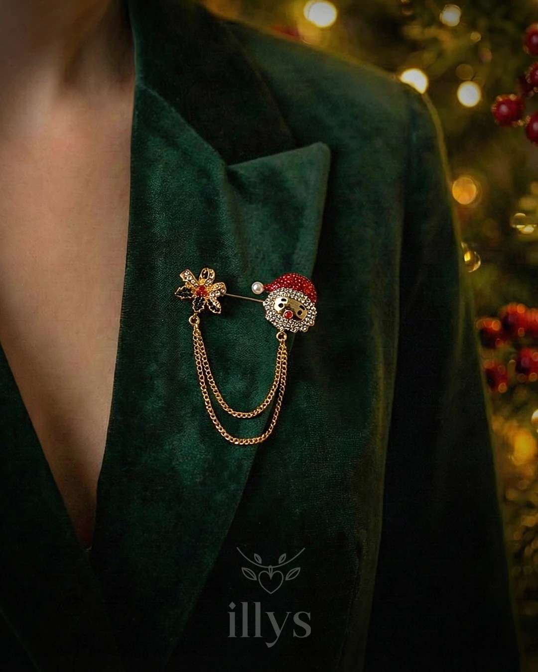 illys Gold Zincir Detay Çiçek ve Noel Baba İkili Yılbaşı Broşu