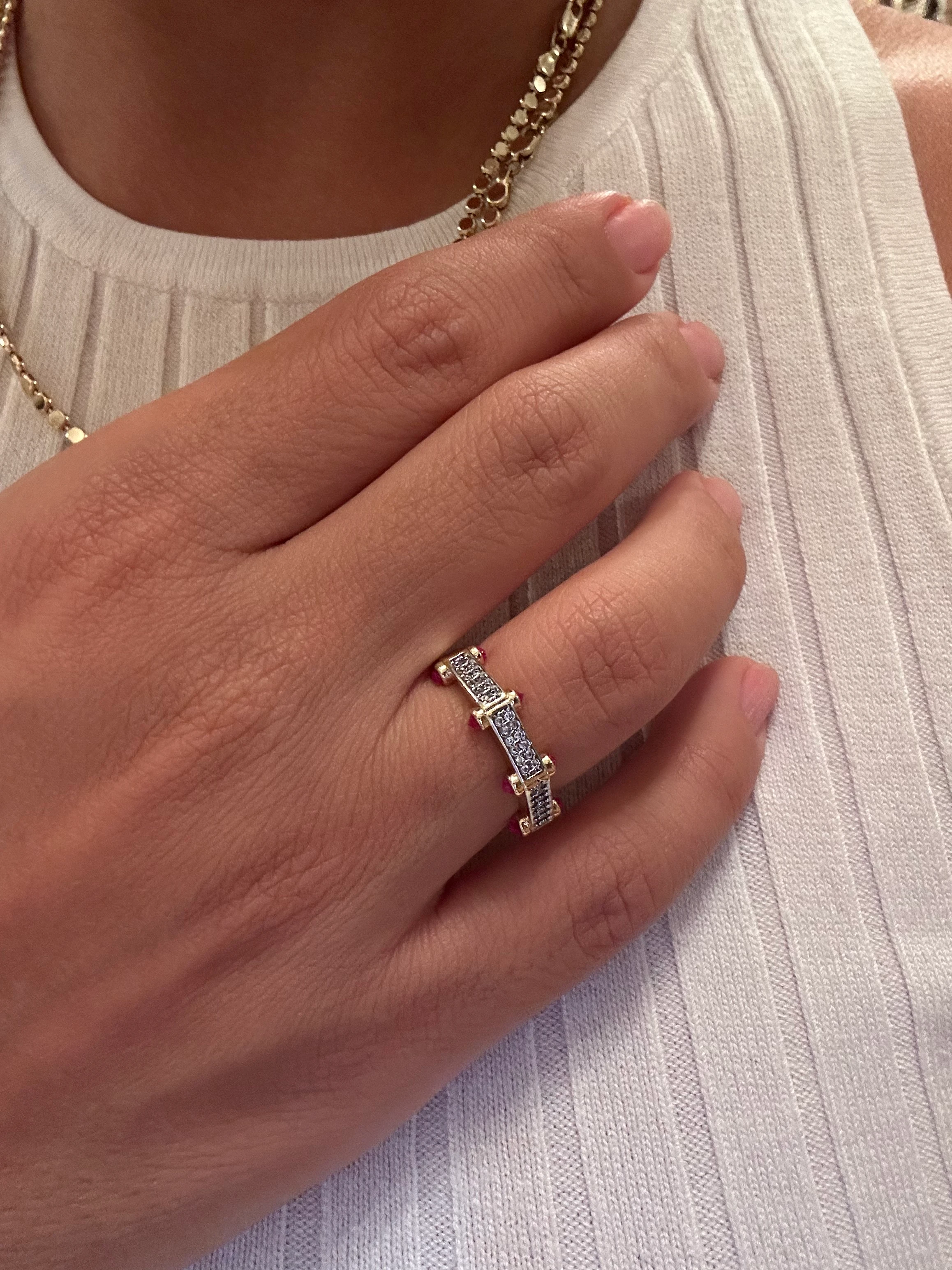 illys Gold Bordo Zirkon Taş ve Beyaz Zirkon Taş Çokgen Baget Model Ayarlanabilir Yüzük