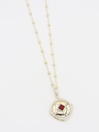 illys Gold Bordo Baget Taşlı Yuvarlak İthal Altın Kaplama Madalyon Kolye