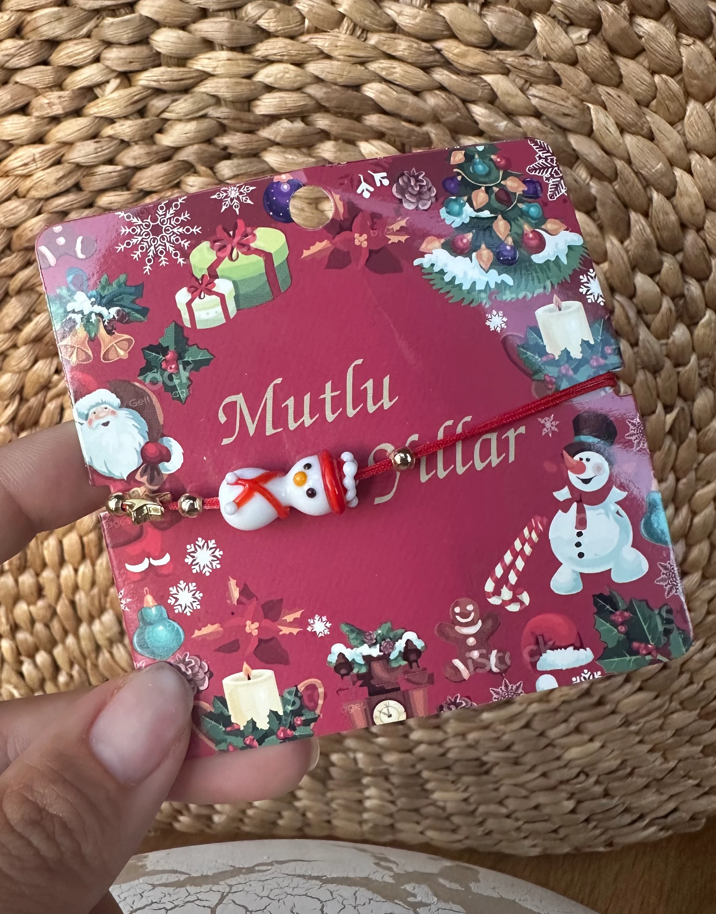 illys Beyaz Cam Kardan Adam Figür Kırmızı İp Yılbaşı Bilekliği