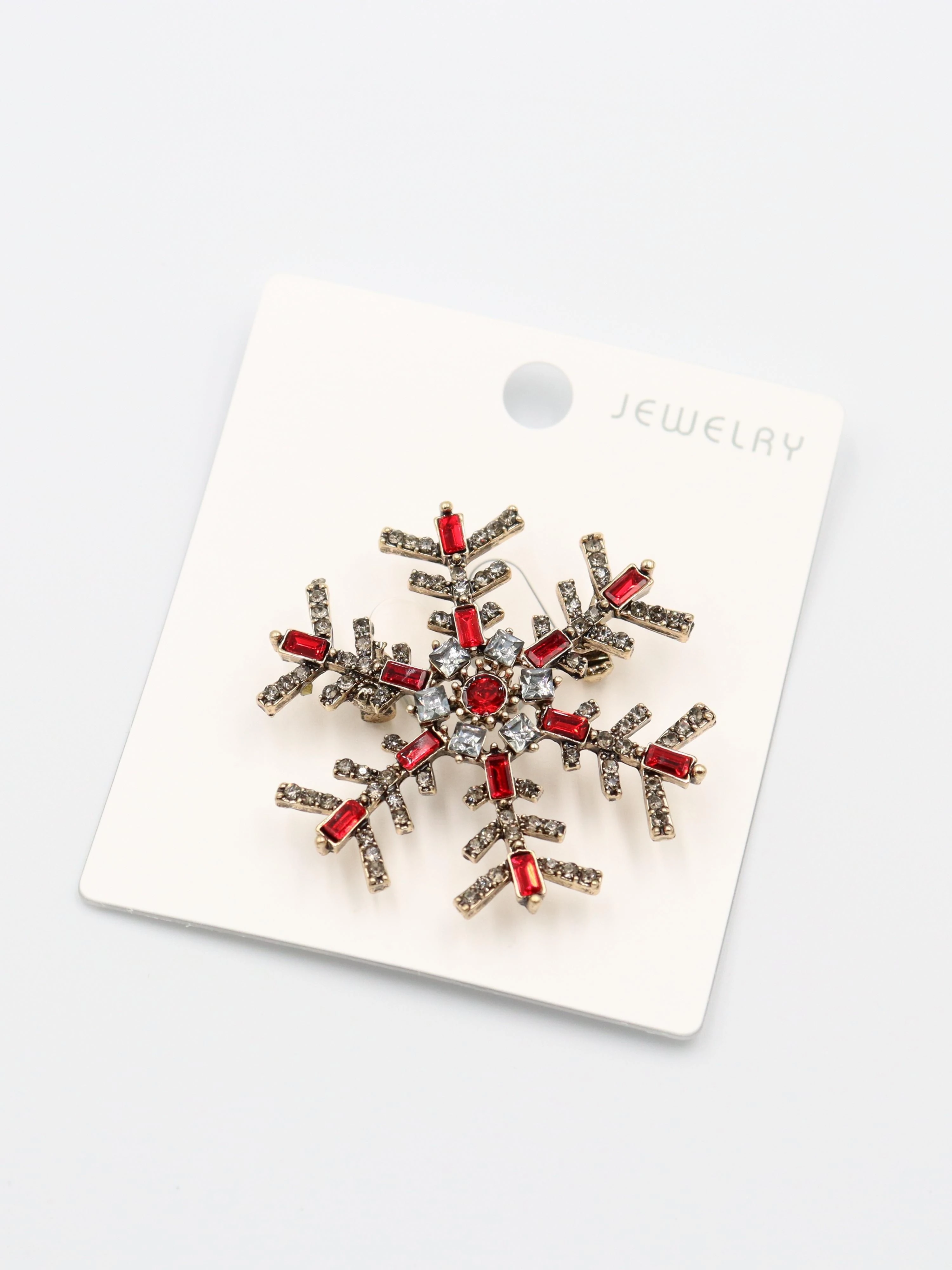 illys Kırmızı Baget Taşlı Kar Şeklinde Yılbaşı Broşu