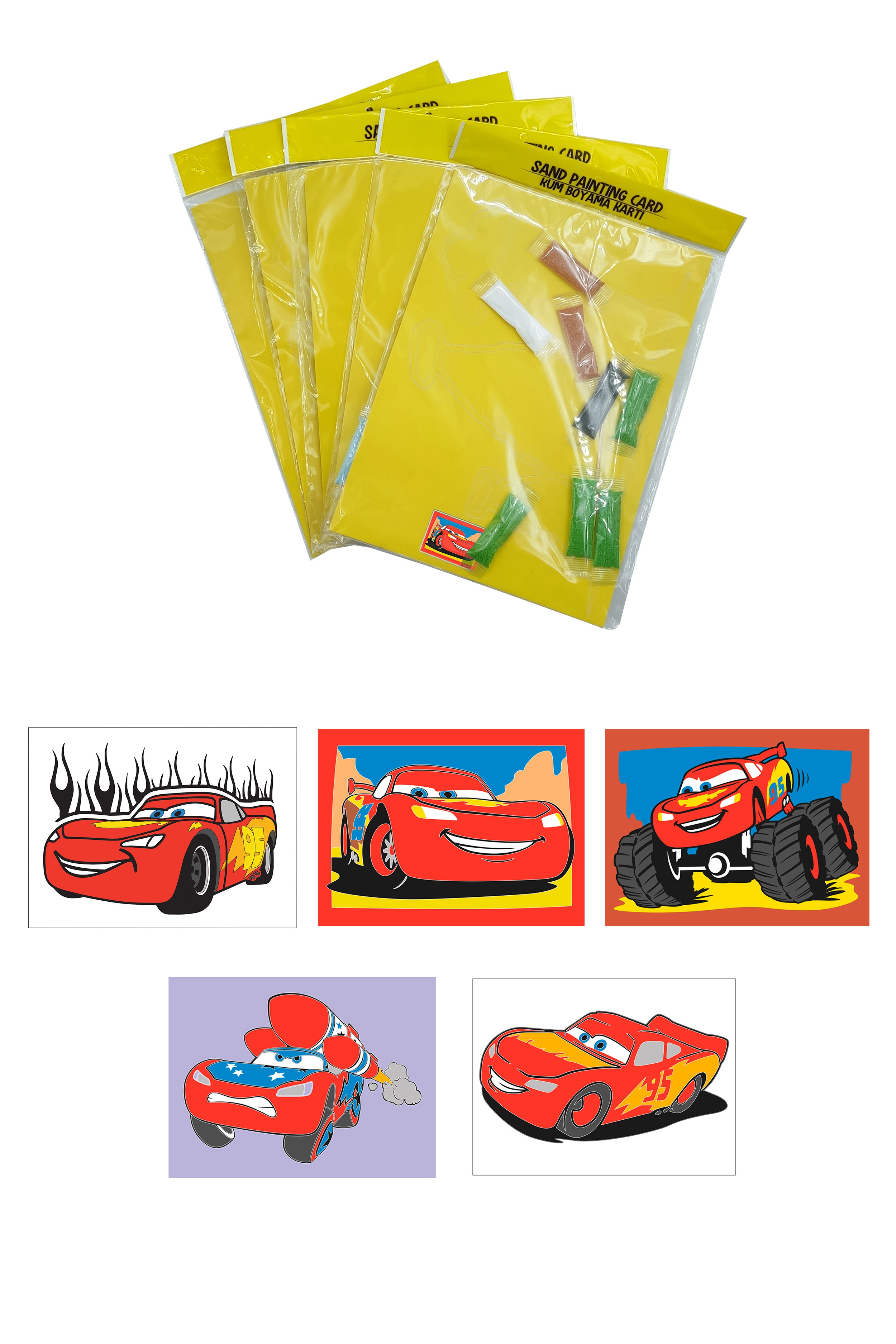 Disney Cars, 5 Adet Büyük Boy A4, Erkek Çocuk Kum Boyama Kartı Seti-Red Castle KB-D-052