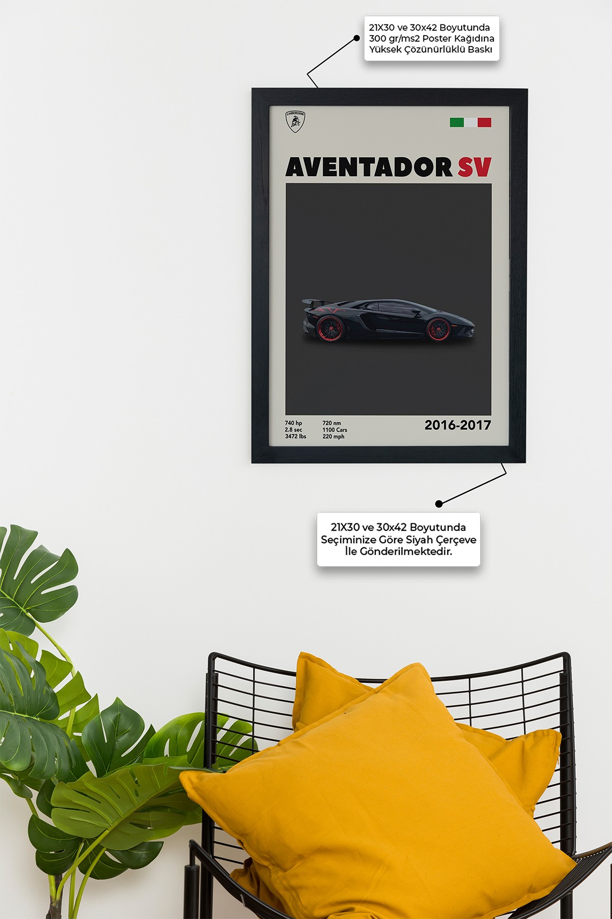 Lamborghini Aventador SV 2016-2017 Car Serie Özel Tasarım Siyah Çerçeveli Tablo Poster