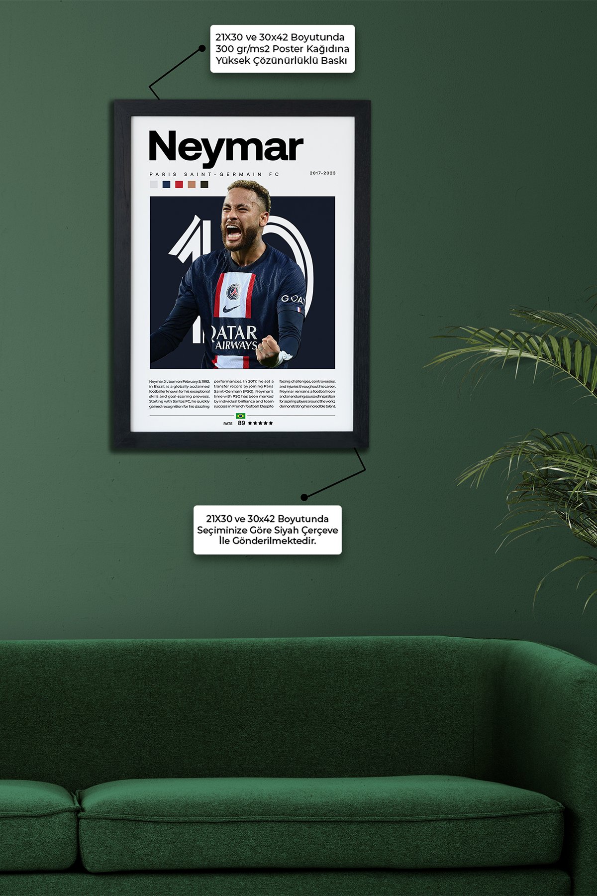 Neymar Paris Saint-Germain FC Siyah Çerçeveli Tablo Poster