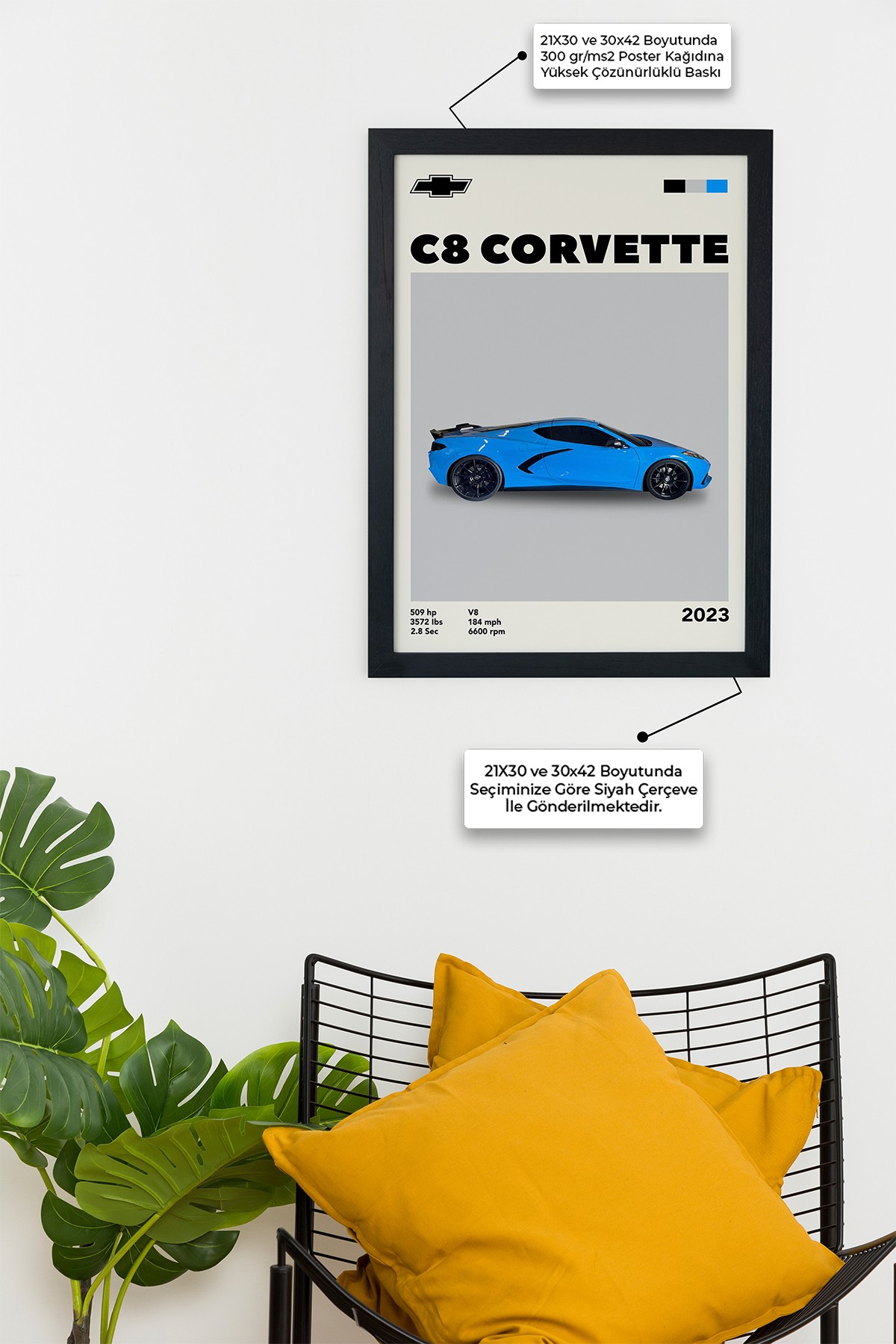 Chevrolet Corvette C8 2023 Car Serie Özel Tasarım Çerçevesiz Poster