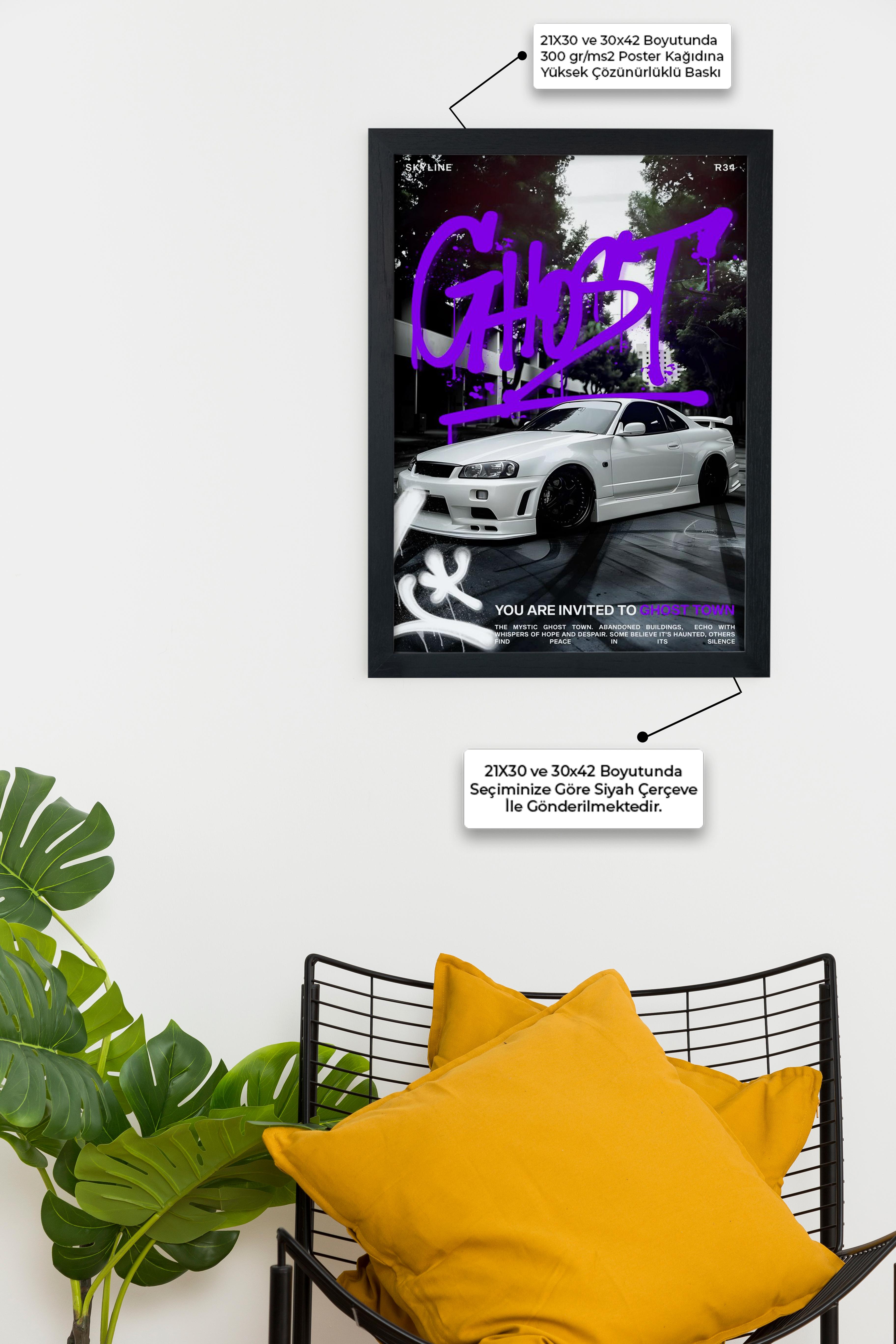 R34 Car Serie Özel Tasarım Siyah Çerçeveli Tablo Poster