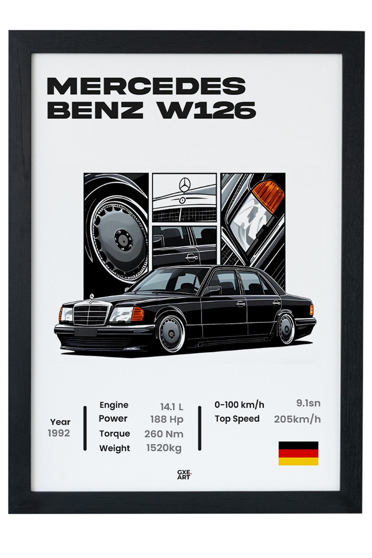 Mercedes Benz W126 1992 Model Car Seri-e Özel Tasarım Siyah Çerçeveli Tablo Poster main variant image