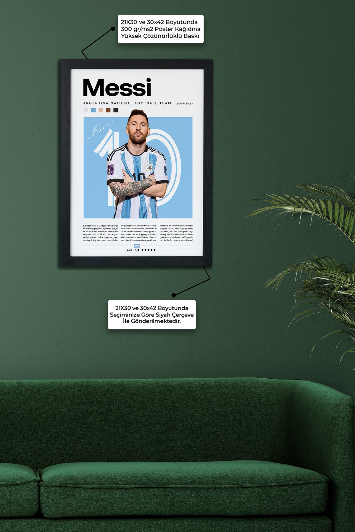 Lionel Messi Argentina National Football Team Siyah Çerçeveli Poster Tablo