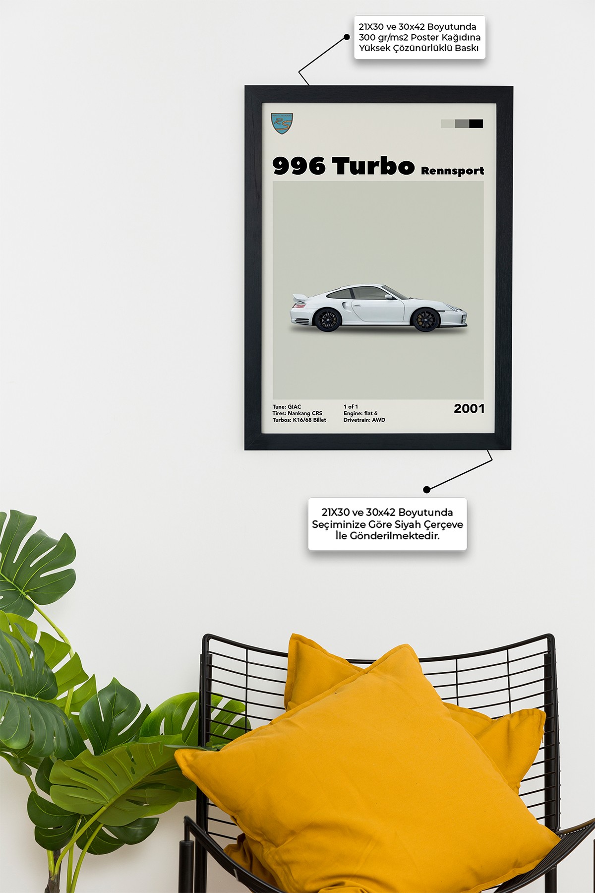 Porsche 996 Turbo Rennsport 2001 Car Serie Özel Tasarım Siyah Çerçeveli Tablo Poster