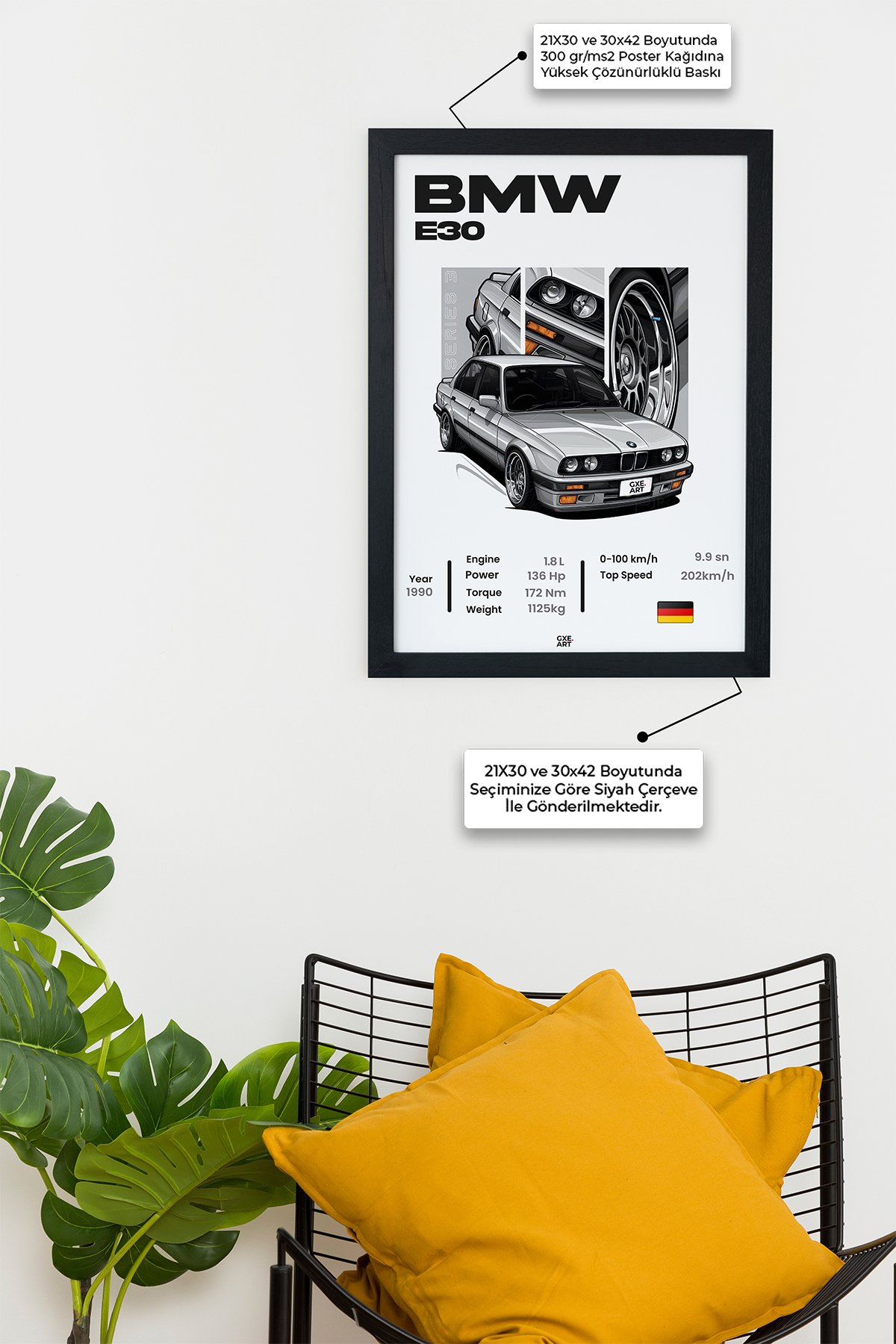 Bmw 3 Series E30 Tasarım Çerçevesiz Poster