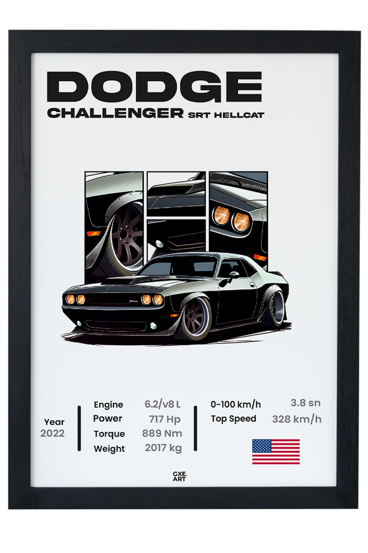 Dodge Challenger SRT Hellcat Siyah Çerçeveli Tablo Poster main variant image