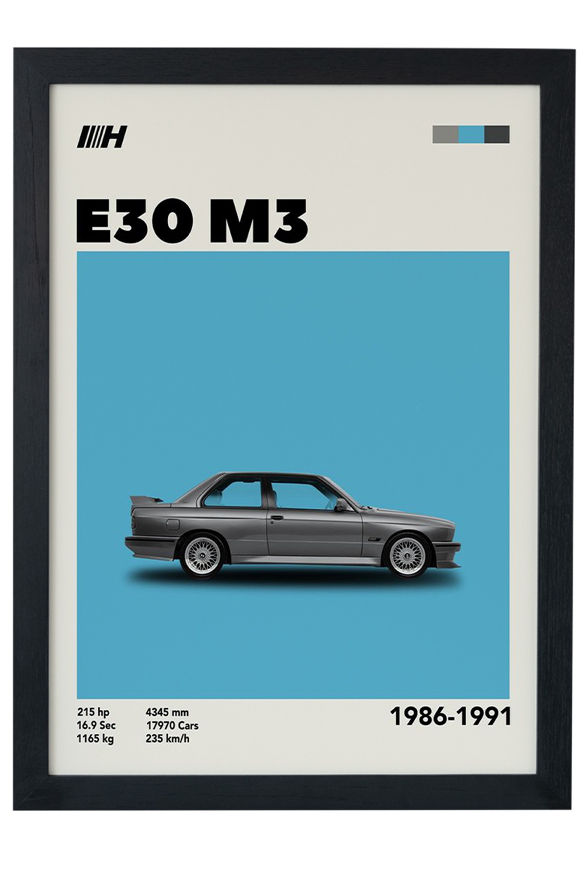 BMW E30 M3 1986-1991 Car Serie Tasarım Çerçevesiz Poster main variant image