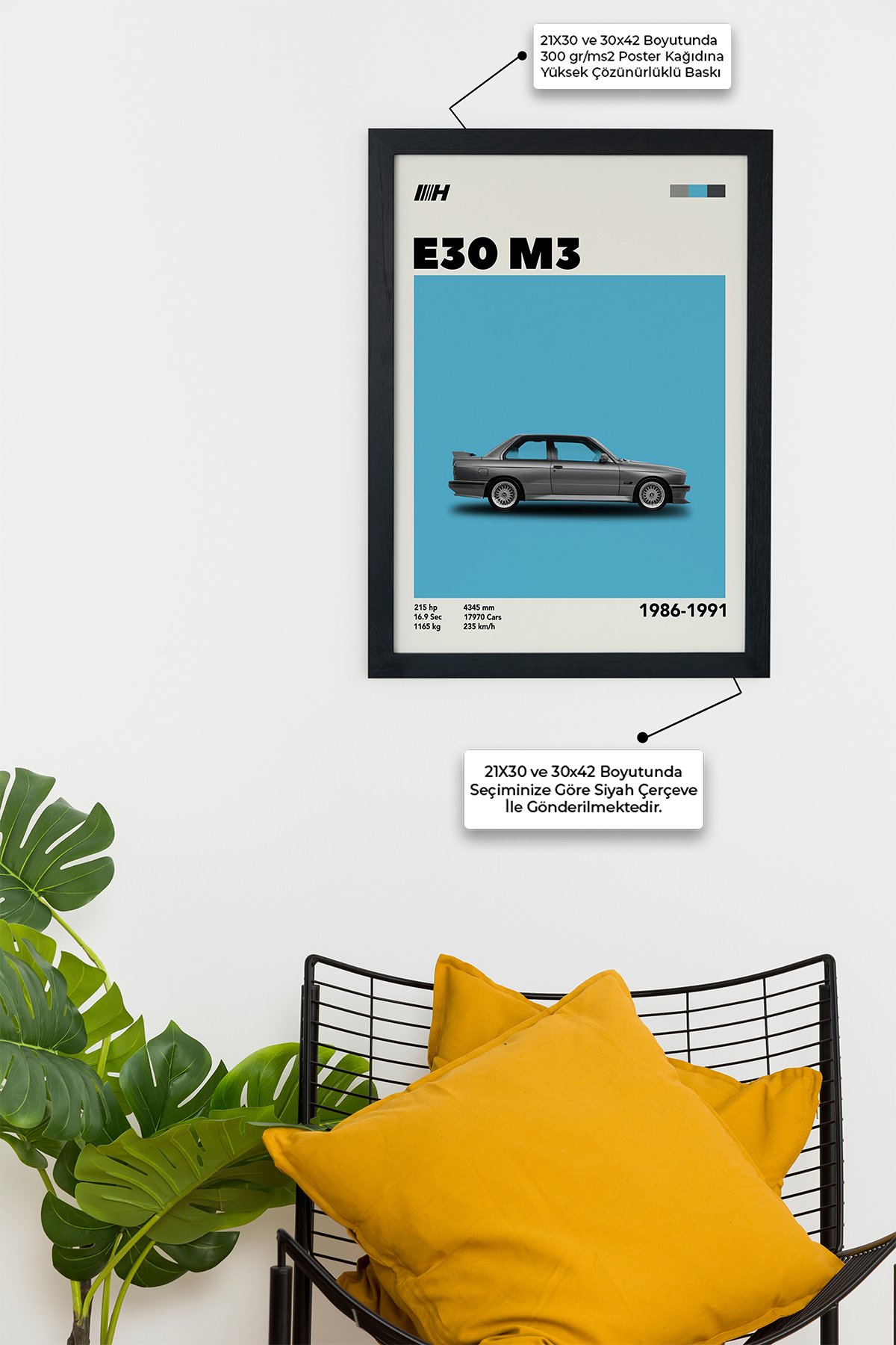 BMW E30 M3 1986-1991 Car Serie Tasarım Çerçevesiz Poster