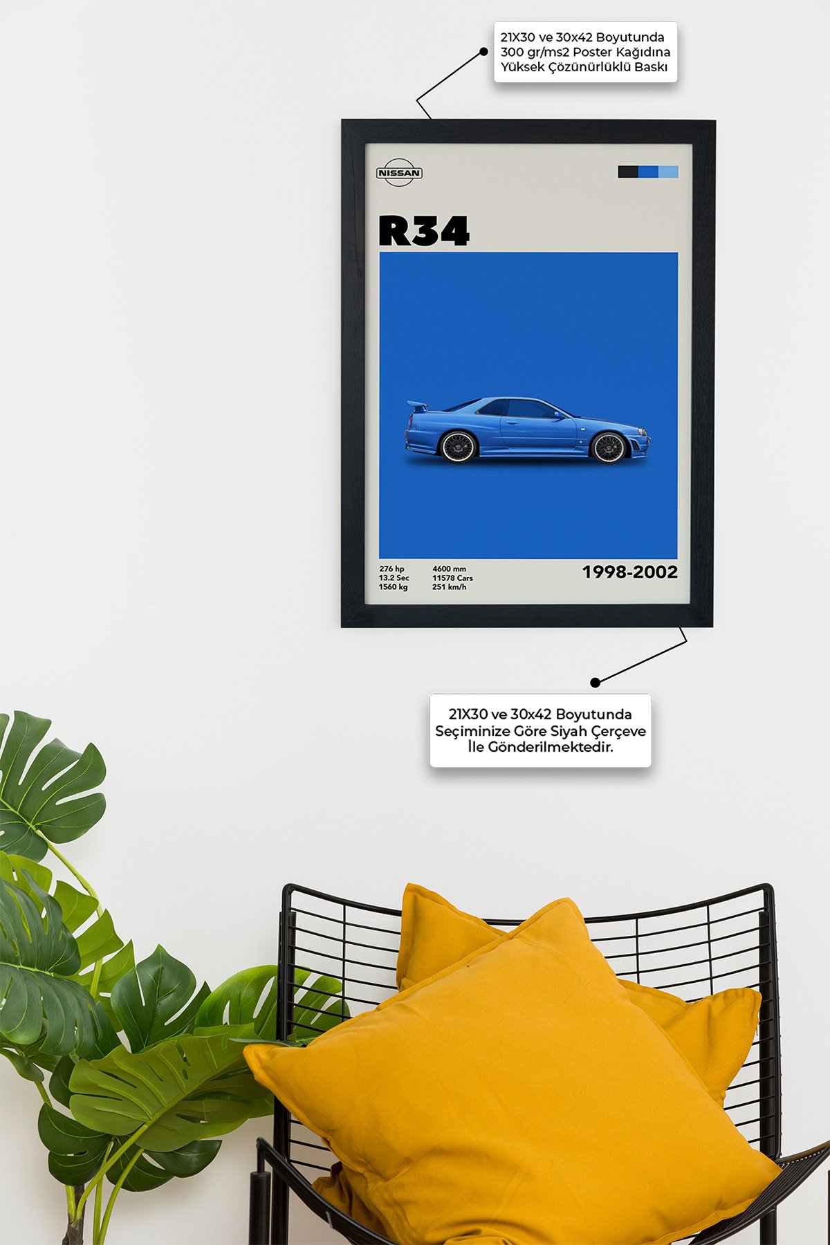 Nissan R34 1998-2002 Car Serie Özel Tasarım Siyah Çerçeveli Tablo Poster