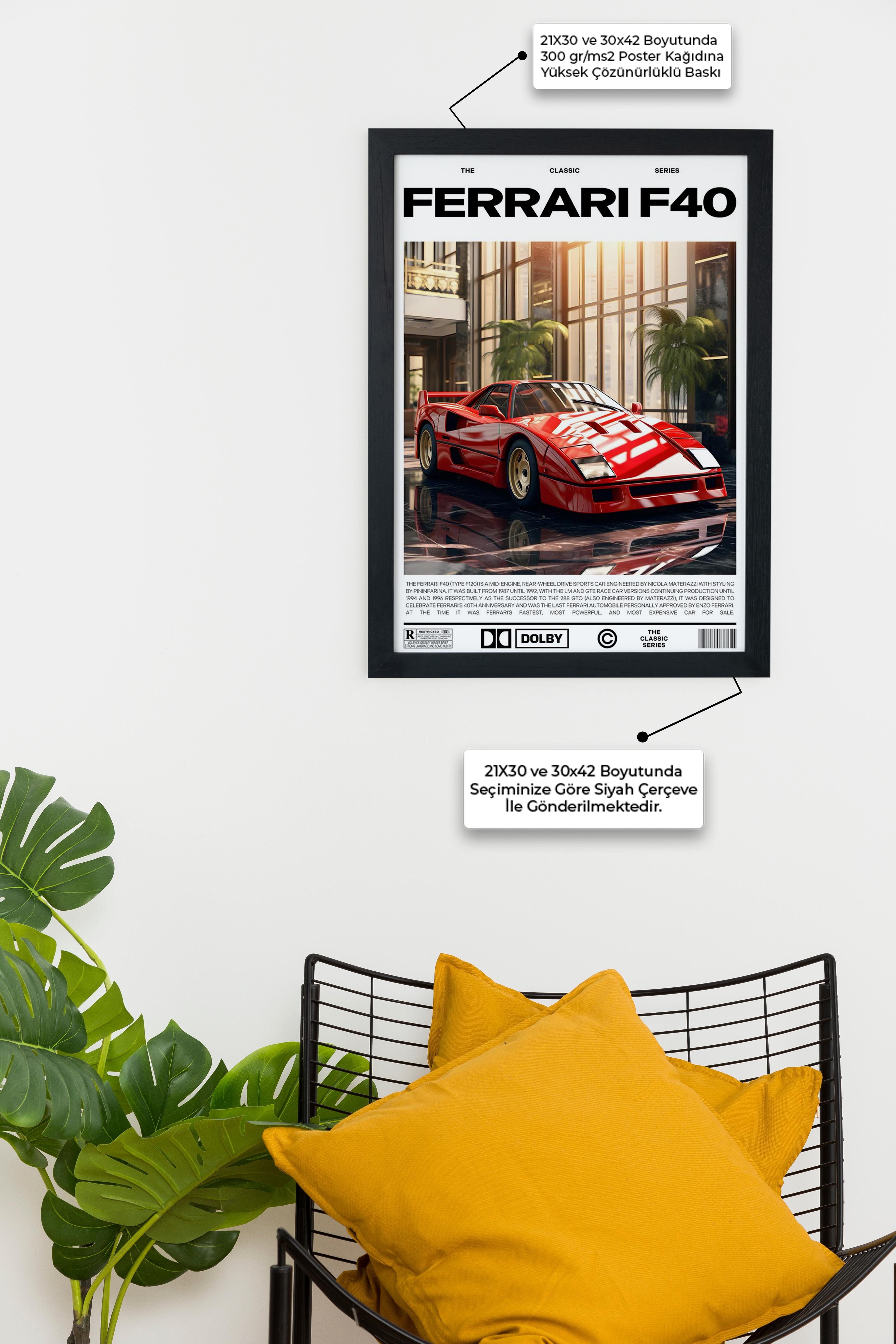 FERRARİ F40 Car Serie Özel Tasarım Siyah Çerçeveli Tablo Poster