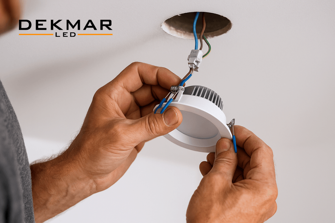 Elektrikçi, tavana spot LED lamba montajı sırasında bağlantı kablolarını dikkatle yerleştirerek kurulum işlemini tamamlıyor. 