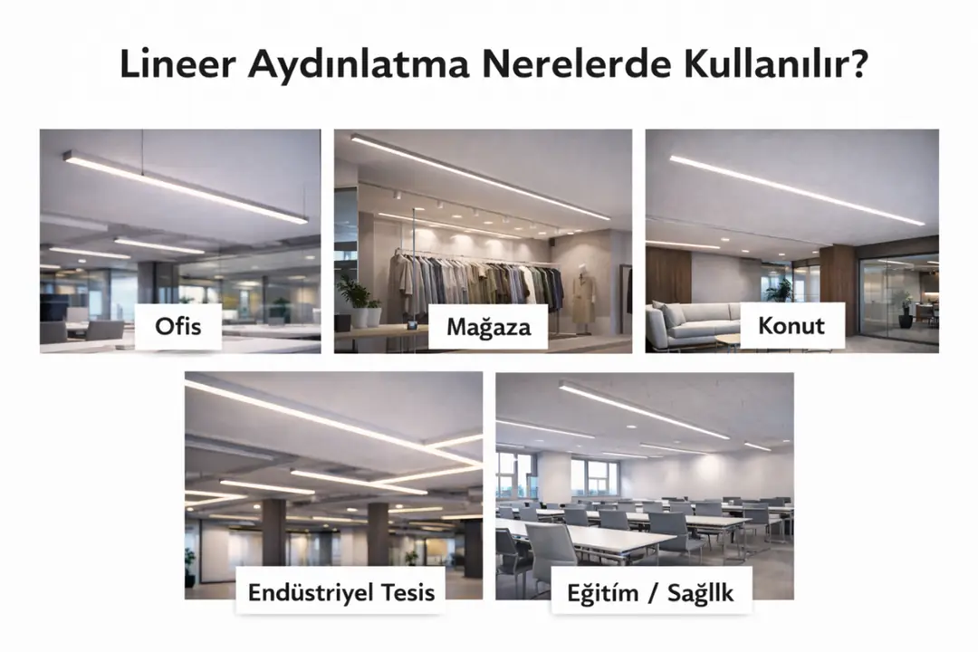 Ofis, mağaza, konut, endüstriyel tesis ve eğitim sağlık alanlarında kullanılan lineer aydınlatma uygulamalarını gösteren kolaj&nbsp;