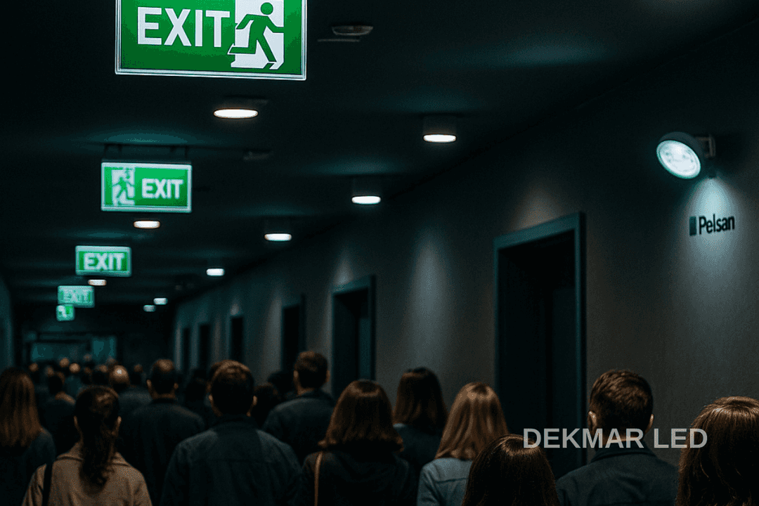 AVM ve sinema çıkışlarında kullanılan Pelsan acil durum aydınlatmaları ve EXIT tabelaları. 
