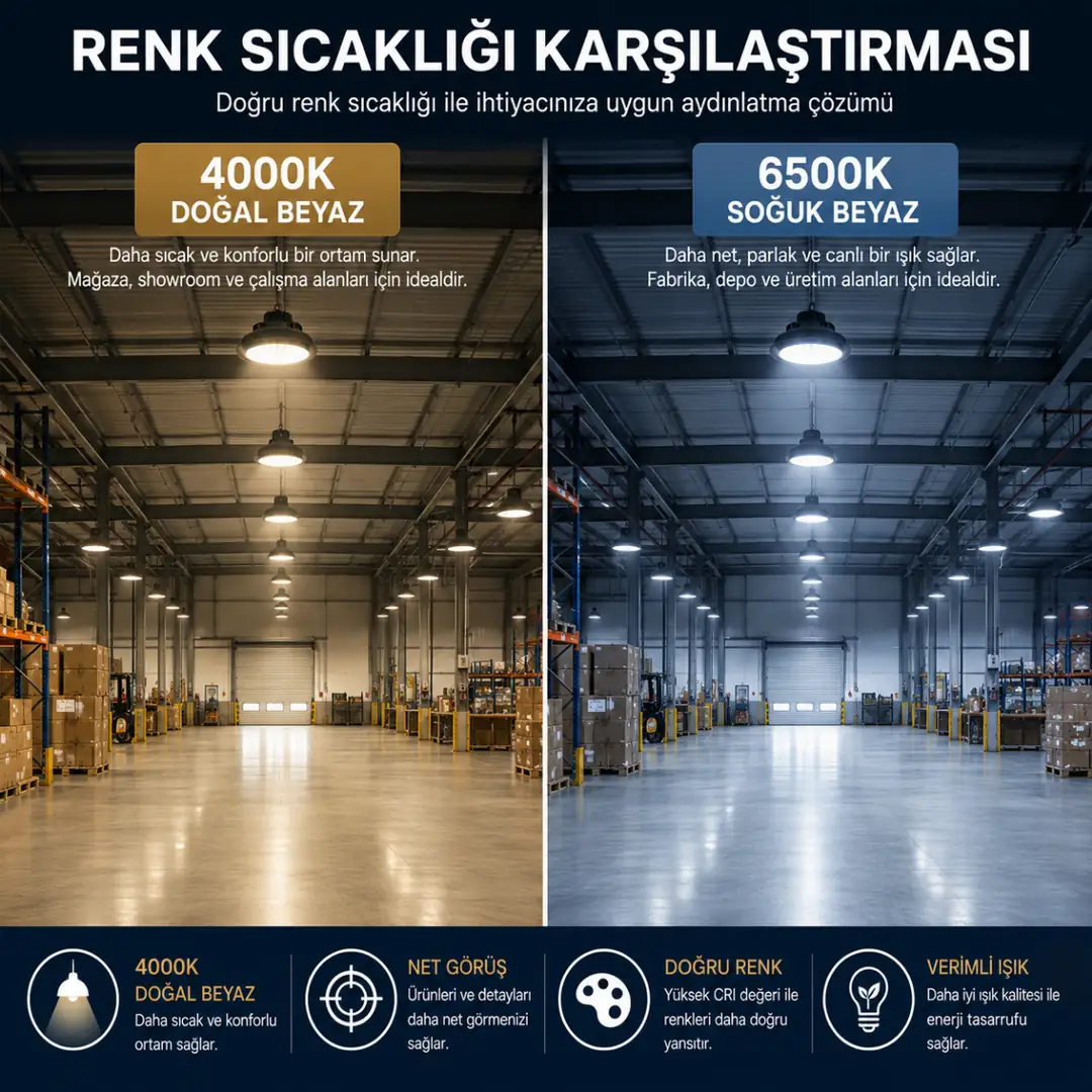 4000K ve 6500K yüksek tavan armatürü renk sıcaklığı karşılaştırması&nbsp;