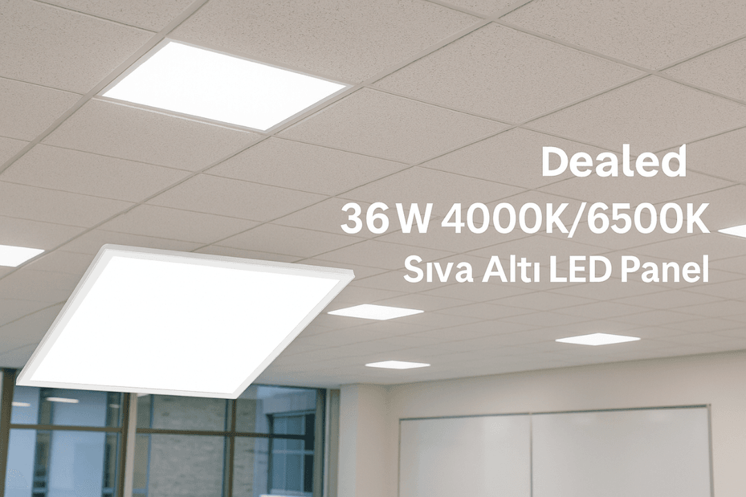 LED Panel 60x60 36W, DEA LED markasıyla derslikte sıva altı taşyünü asma tavana entegre edilerek homojen aydınlatma sağlar.