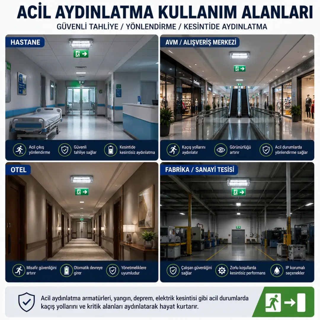 Hastane AVM otel ve fabrikalarda kullanılan acil aydınlatma armatürleri&nbsp;