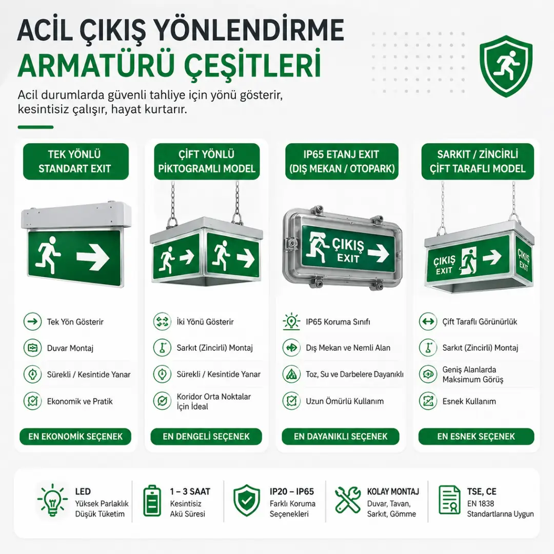 Tek yönlü çift yönlü ve IP65 exit armatür modelleri&nbsp;