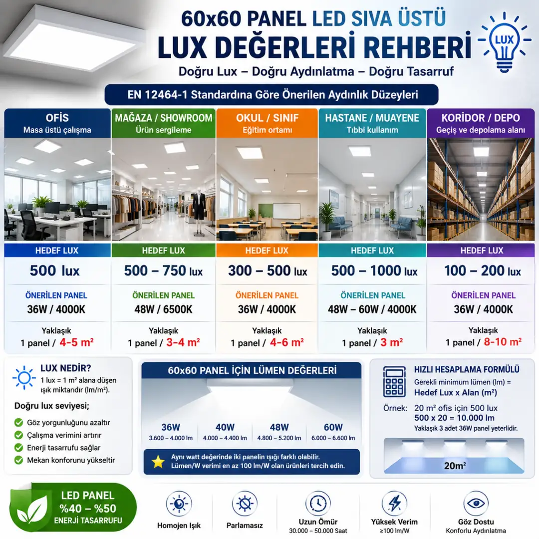 Ofis mağaza okul ve hastane için önerilen lux değerleri&nbsp;