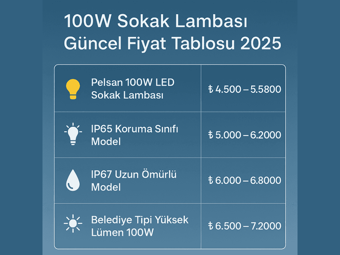 Pelsan 100W LED sokak lambası 2025 fiyat tablosu: Pelsan modelleri, IP65–IP67 seçenekleri. 