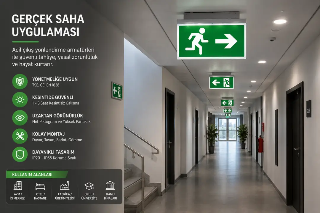 Koridorda acil çıkış yönlendirme armatürü uygulaması&nbsp;