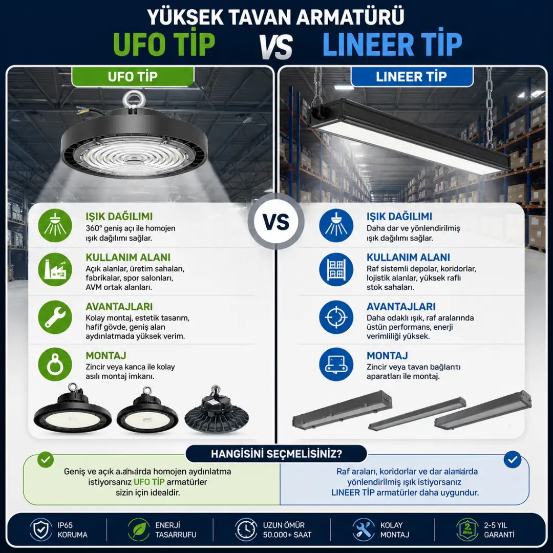 UFO tip ve lineer tip yüksek tavan armatürü farkları&nbsp;