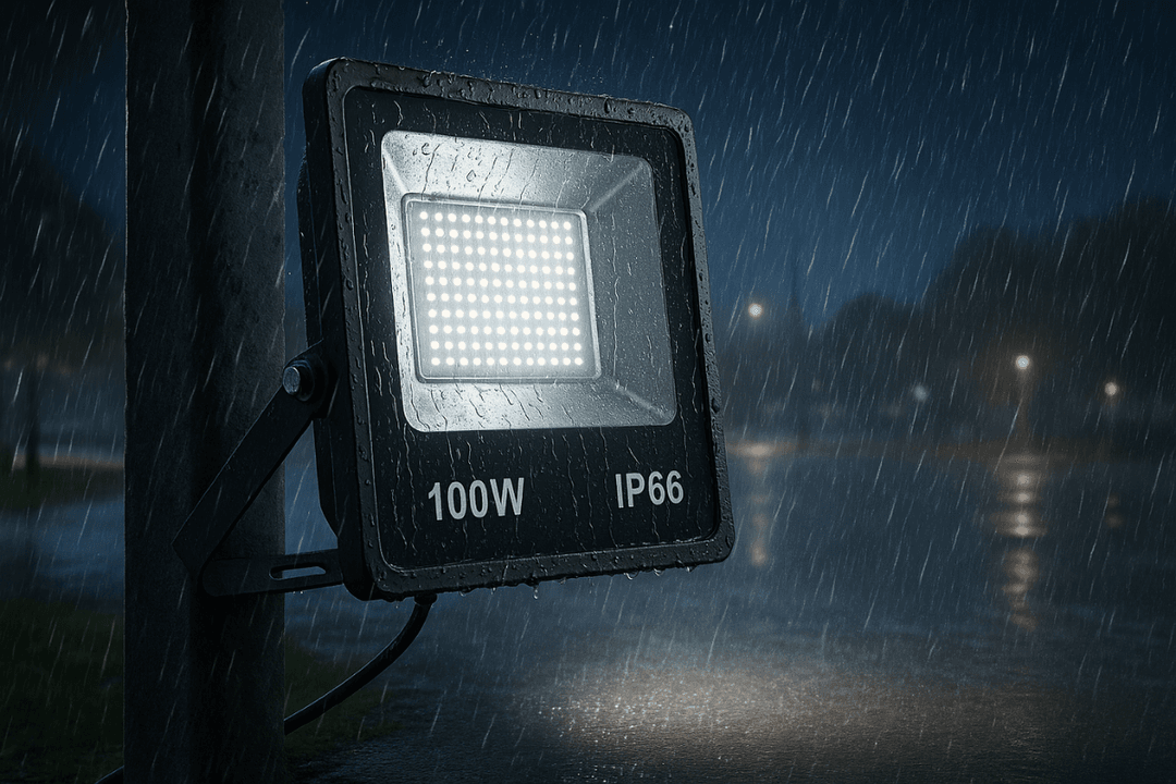 IP66 LED projektör yağmur altında çalışırken dış mekan dayanıklılığını ve su geçirmezlik performansını gösteriyor. 