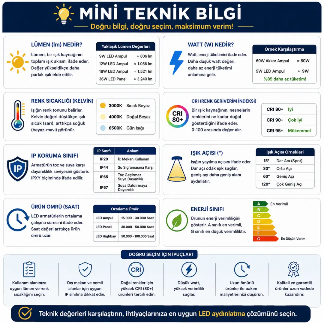 Lamba seçiminde renk sıcaklığı, CRI ve IP koruma sınıfı bilgileri&nbsp;