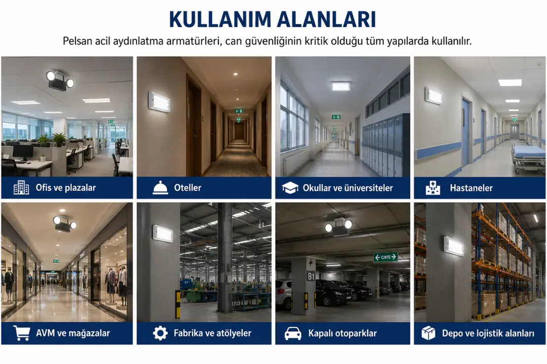 Pelsan acil aydınlatma armatürlerinin ofis, otel, okul, hastane, AVM, fabrika, otopark ve depolardaki kullanımı.&nbsp;