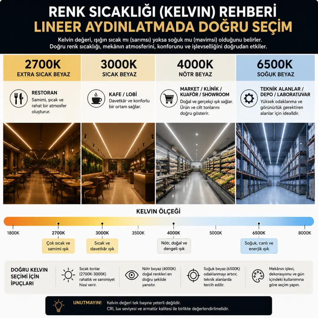 Lineer aydınlatmada Kelvin renk sıcaklığı karşılaştırması&nbsp;