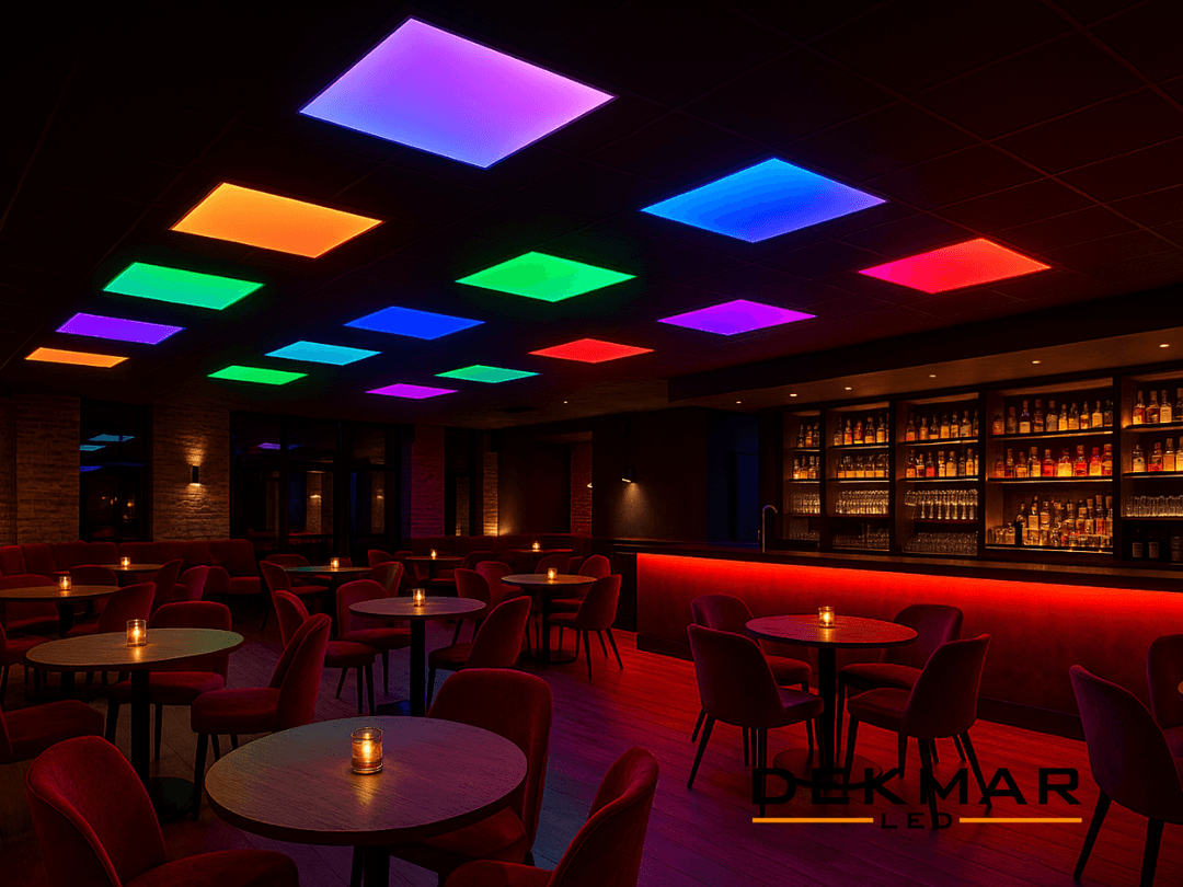 Disko temalı modern bar ortamında RGB LED tavan panelleriyle yaratılan dinamik ve dikkat çekici aydınlatma tasarımı. 
