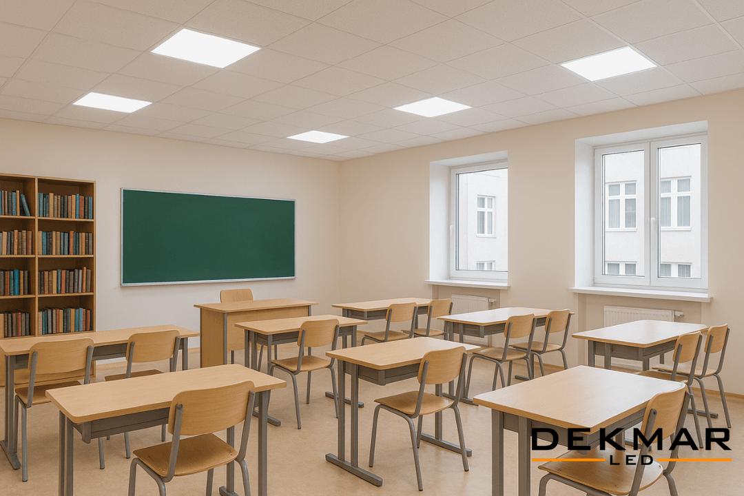 2025’te okullarda kullanılan LED panel, sensörlü ve acil aydınlatma ürünleriyle modern, verimli sınıf ortamları. 