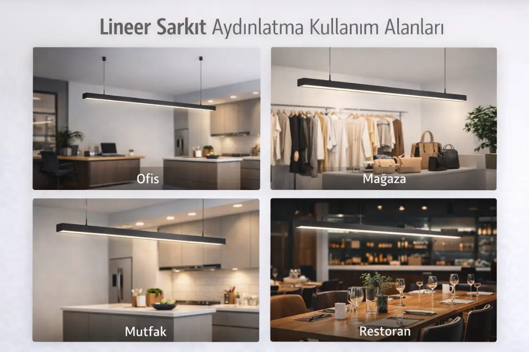Lineer sarkıt aydınlatmanın ofis, mağaza ve mutfak kullanım alanları
