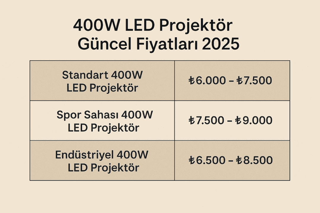 400W LED projektör fiyat tablosu 2025 – standart, spor sahası ve endüstriyel modeller. 