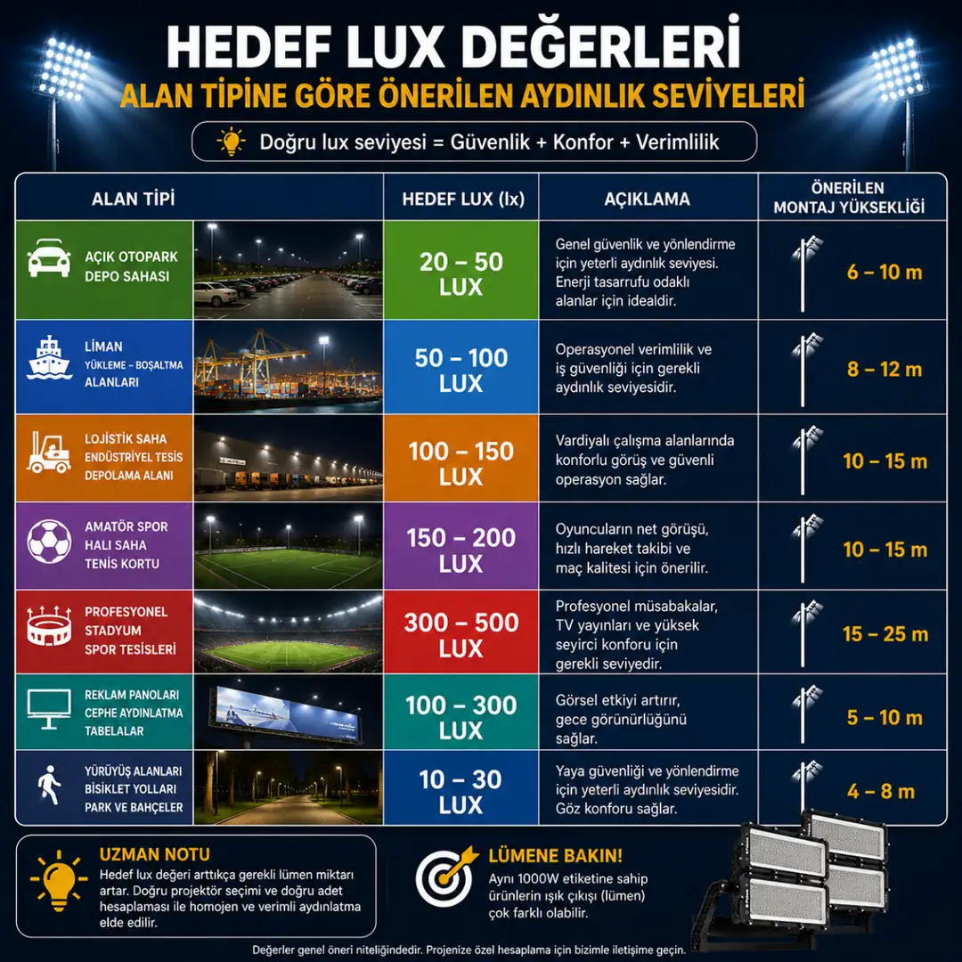 Stadyum otopark ve liman için önerilen lux değerleri&nbsp;