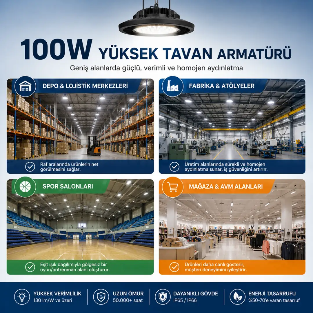 100W yüksek tavan armatürü kullanım alanları karşılaştırması&nbsp;