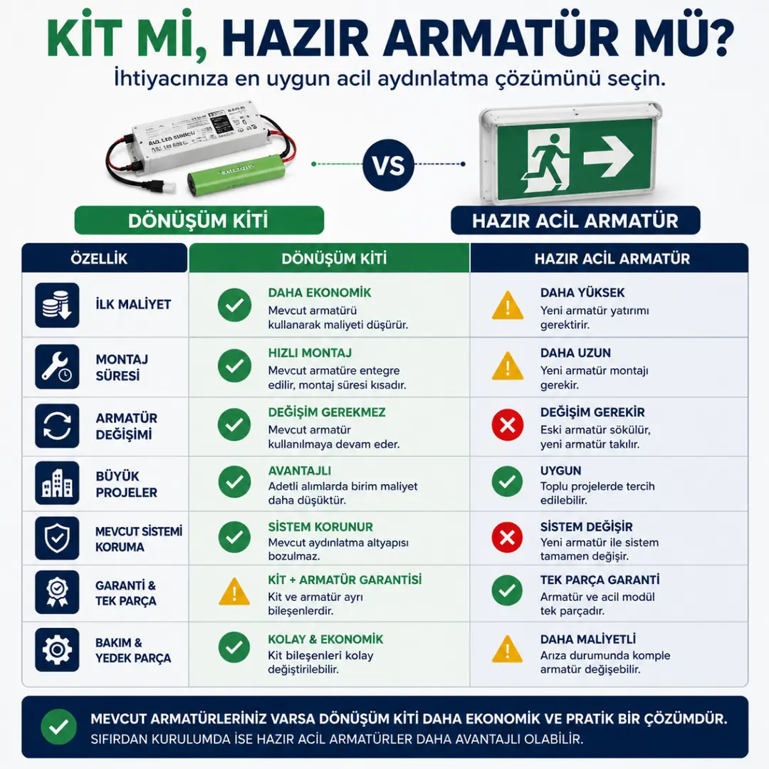 LED acil aydınlatma kiti ve hazır acil armatür karşılaştırması&nbsp;